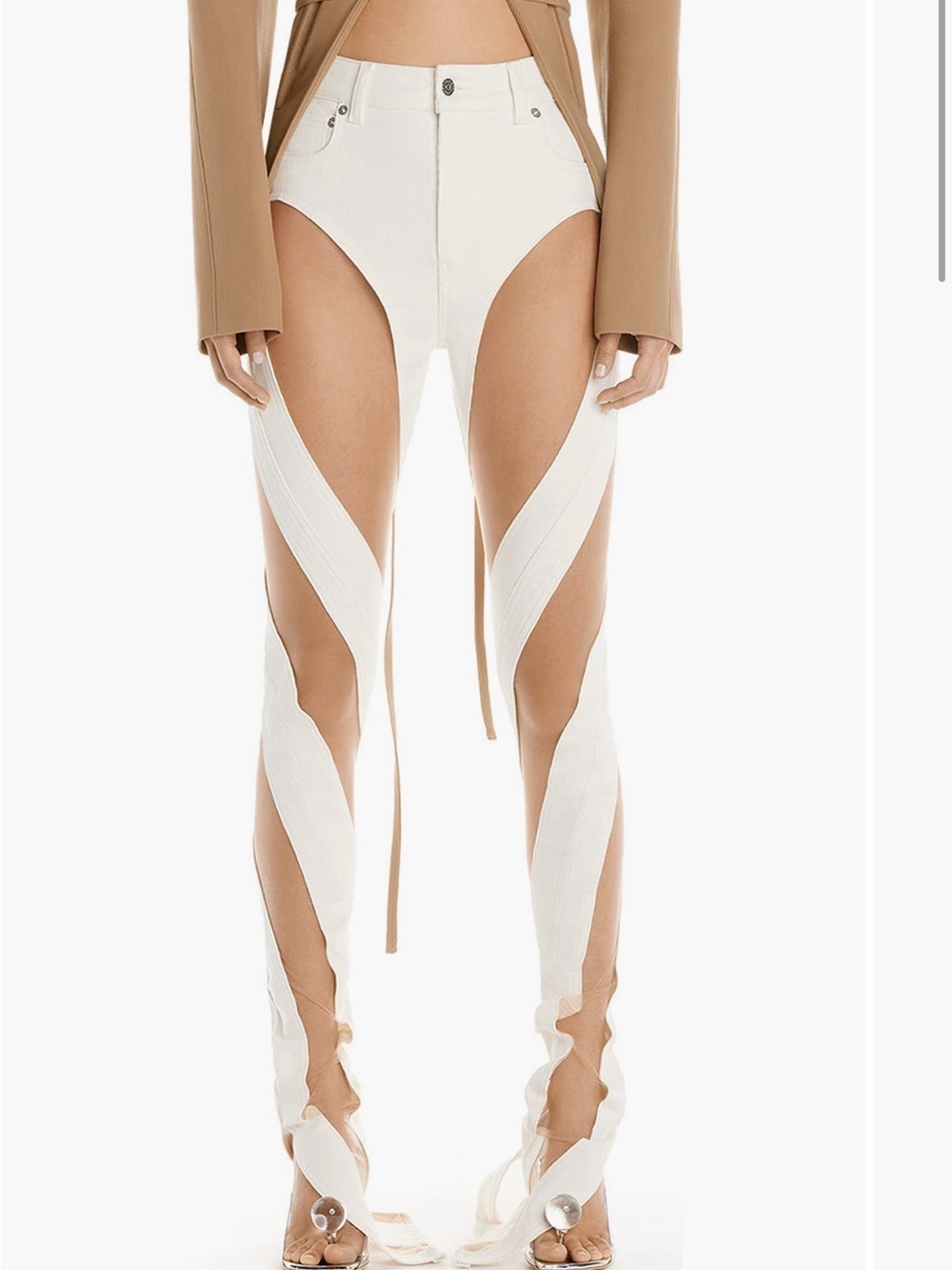 NWT New MUGLER Spiral Illusion Sheer Panel Denim White High Rise Jeans Size 38
